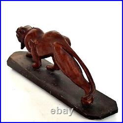 Magnifique Sculpture Animalière Tigre En Bois Sculpté Sur Socle Art Déco 50cm