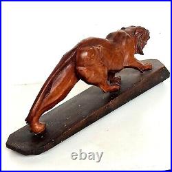 Magnifique Sculpture Animalière Tigre En Bois Sculpté Sur Socle Art Déco 50cm