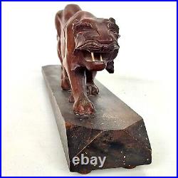 Magnifique Sculpture Animalière Tigre En Bois Sculpté Sur Socle Art Déco 50cm
