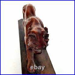 Magnifique Sculpture Animalière Tigre En Bois Sculpté Sur Socle Art Déco 50cm