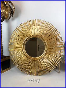Miroir Soleil En Bois D'acajou Doré De 125 CM De Diamètre Des Années 70