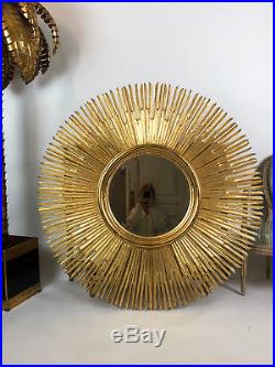Miroir Soleil En Bois D'acajou Doré De 125 CM De Diamètre Des Années 70