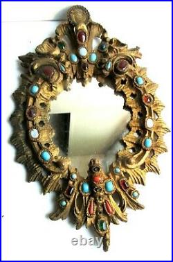 Miroir baroque Art Nouveau résine ancienne, incrustations de perles multicolores