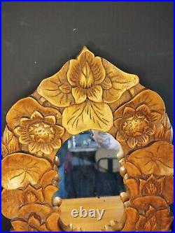 Miroir ovale Bois de noyer massif sculpté Art Déco 1930 Aux tournesols