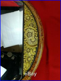 Miroir rond art déco ancien bois peint et doré cordon pompon fil métal doré 59cm