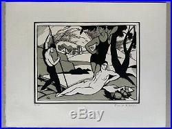 PICART LEDOUX Gravure sur bois art deco portrait de femme nue la baignade