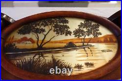 PLATEAU ART DECO VINTAGE 1920 1930 paysage SIGNE GERMONDE bois fixé sous verre