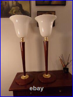 Paire de 2 Belles lampes art déco MAZDA ou autre ACAJOU ET LAITON bois massif en