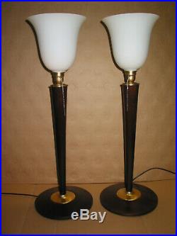 Paire de 2 Belles lampes art déco style MAZDA ou autre ACAJOU ET ACIER bois mass