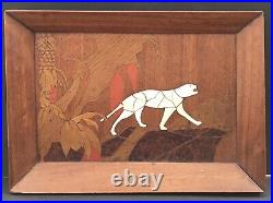 Panneau Art Déco Marqueterie Bois Tigre Blanc Jungle d'ap Gaston Priou Mardrus