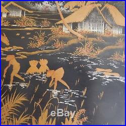 Peinture laquée sur bois paysage scène de genre rizière Asie art déco PN France