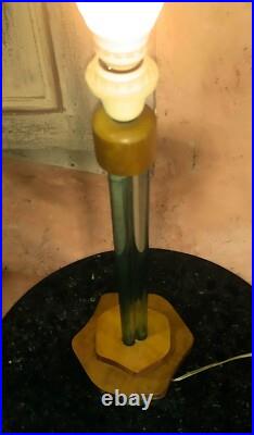 Pied de lampe époque Art Déco 3 tiges en verre et socle en bois