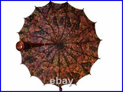 RARE Jolie ombrelle ancienne Art Déco de collection, en soie, manche sculpté