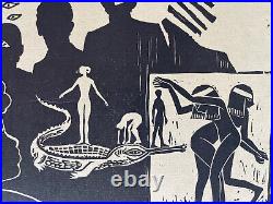 Rare estampe signée Barbara Biss La danse bois gravé original Art Déco Egypte
