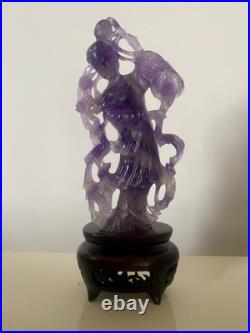 Sculpture CHINE 1930 Améthyste Socle En Bois Art Déco Guanyin