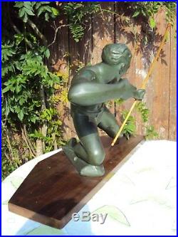 Statue Salvatore Melani L' Archer 1930 Art Deco En Platre Sur Socle En Bois