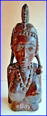 Statue buste de femme Africaine art déco en bois ébène haut 40 diam 15 cm