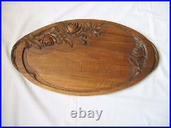 Superbe grand plateau de service en bois fruitier sculpté Art Nouveau-Signé Elie