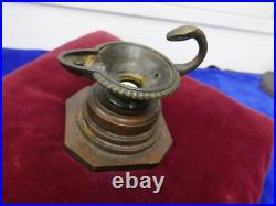 Superbe lampe à huile à la vipère Art Déco, bronze soclé gradins bois, H12cm, P500g