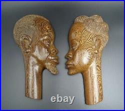 Très Belle Paire De Portraits En Bois Exotiques Couple D'africains Art Déco 1930