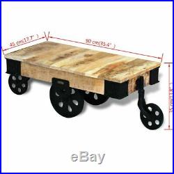 VidaXL Table basse avec roues de salon Bois de manguier brut Meuble de rangement