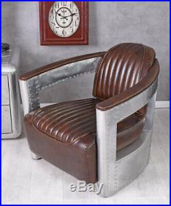 Vintage fauteuil club aluminium & épais cuir Art Deco avion DC3 cadre en bois