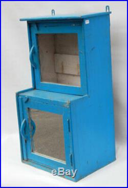 Vitrine Bleu Vitre et Miroir Vintage Ancien Bois Teck 30x25x57cm