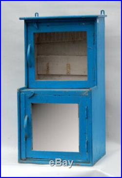 Vitrine Bleu Vitre et Miroir Vintage Ancien Bois Teck 30x25x57cm