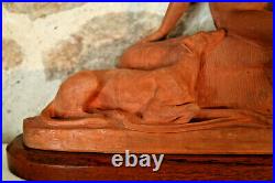 XXe Statue Art Déco Diane chasseresse Ary BITTER Terre cuite & socle en bois FR