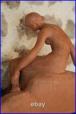 XXe Statue Art Déco Diane chasseresse Ary BITTER Terre cuite & socle en bois FR